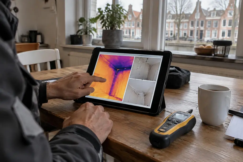 Lekdetectie Meppel – lekdetectierapport met warmtebeelden en foto's op een tablet