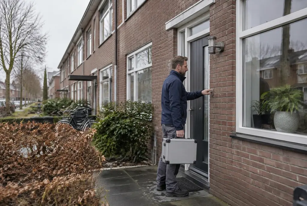 Lekdetectiespecialist met meetkoffer bij de voordeur van een woning in Meppel